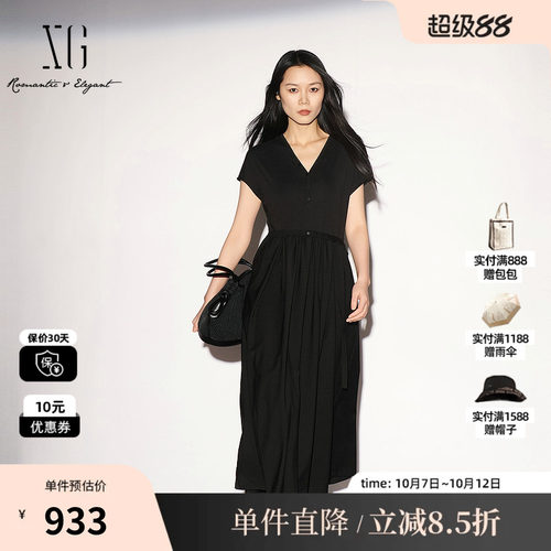 XG/雪歌 XL204020A290黑色V领短袖连衣裙配腰带衬衫领薄A字伞裙女