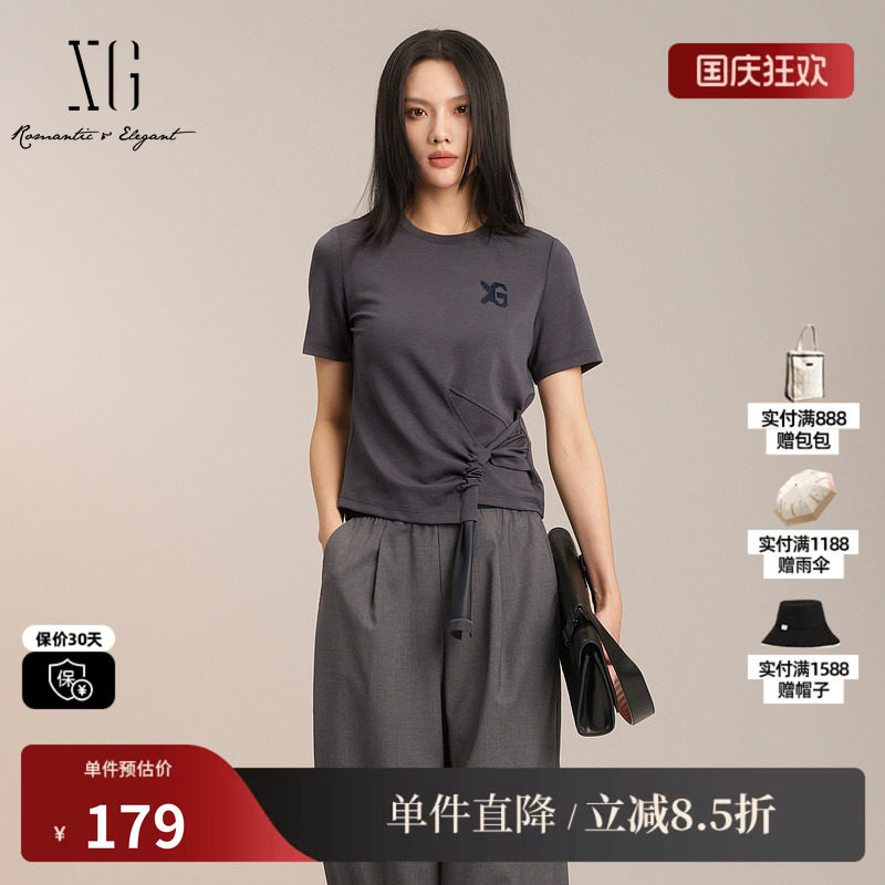 XG/雪歌XK201010A383灰色纯棉短袖T恤圆领修身绑带扭结打底上衣女