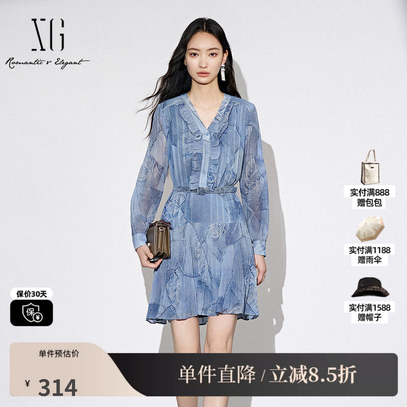 XG/雪歌XJ304019B397荷叶边长袖连衣裙时尚秋季新款百褶A字裙女装 - 实物图