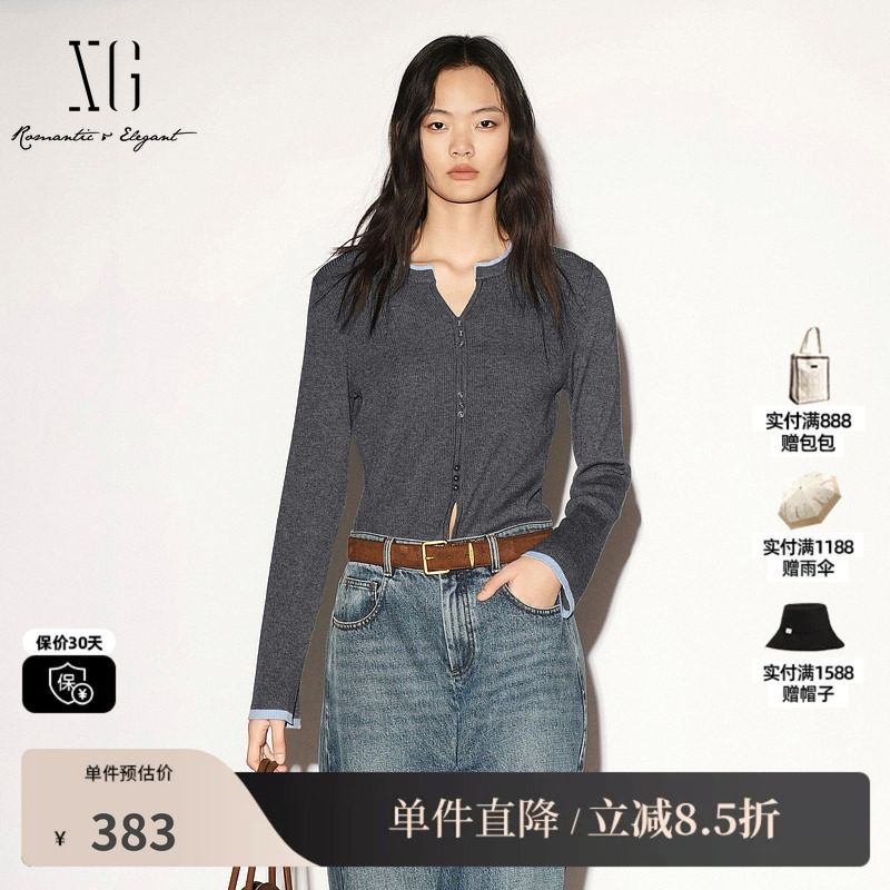 XG/雪歌 XL311013A483深灰色羊毛混纺撞色圆领长袖针织衫毛衣女装