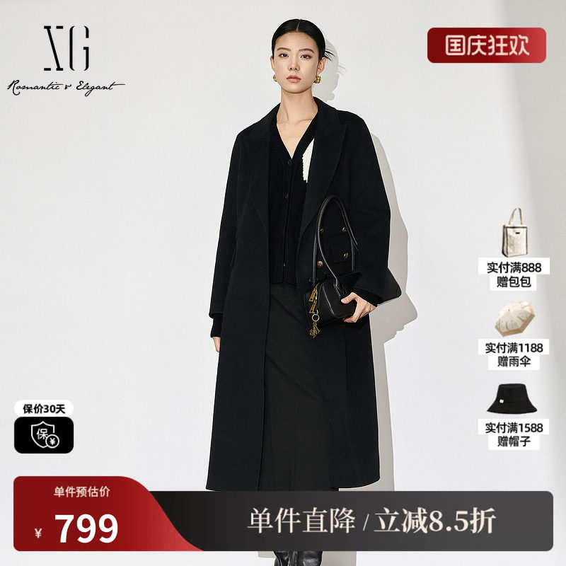 XG雪歌XJ410055A690黑色长款毛呢外套时尚冬季新款绵羊毛大衣女