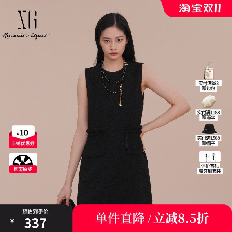 XG/雪歌XK104007A290黑色无袖连衣裙2025春季新款套头A字短裙女装