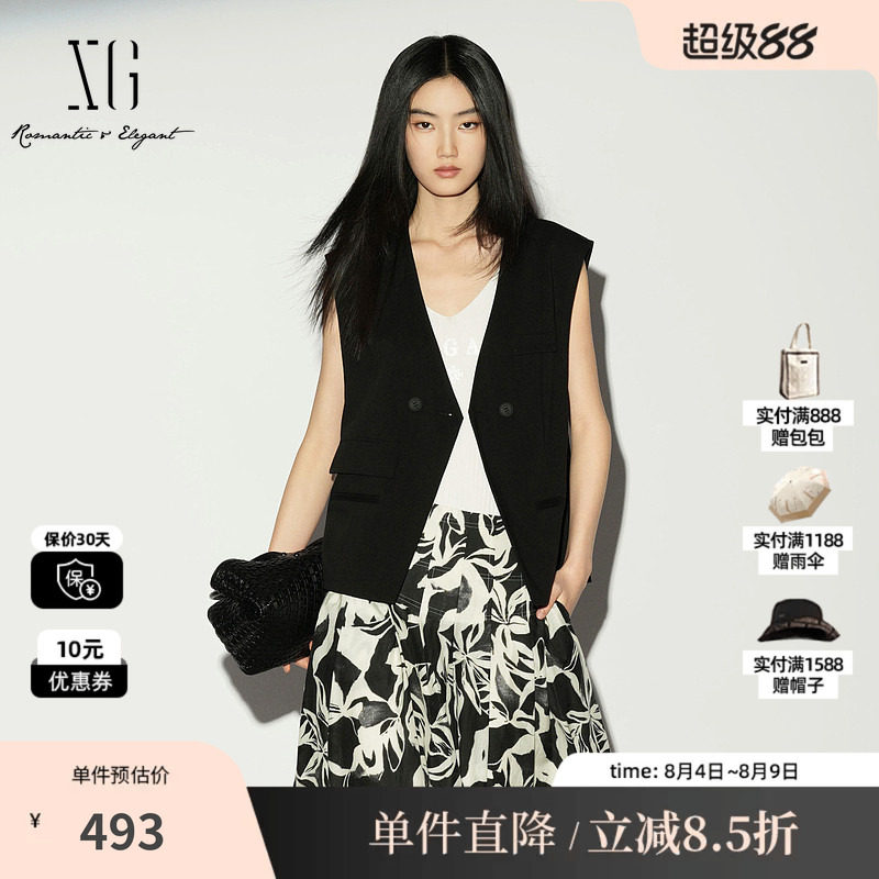 XG/雪歌XL224002A290黑色V领无袖西装马甲直筒薄款搭配外穿马夹女