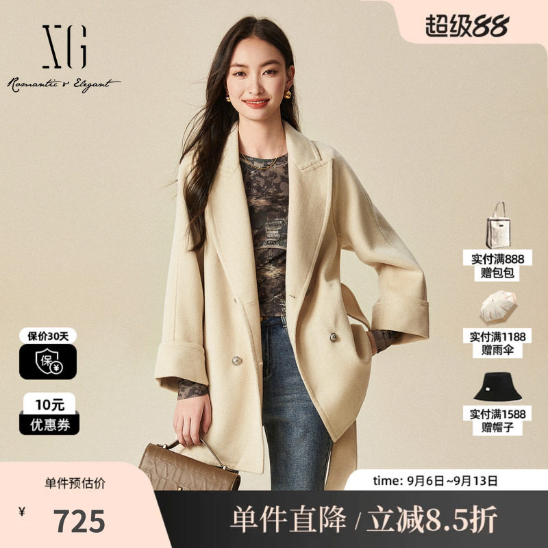 XG/雪歌XJ410040A291纯绵羊毛毛呢外套时尚冬季新款中长款大衣女