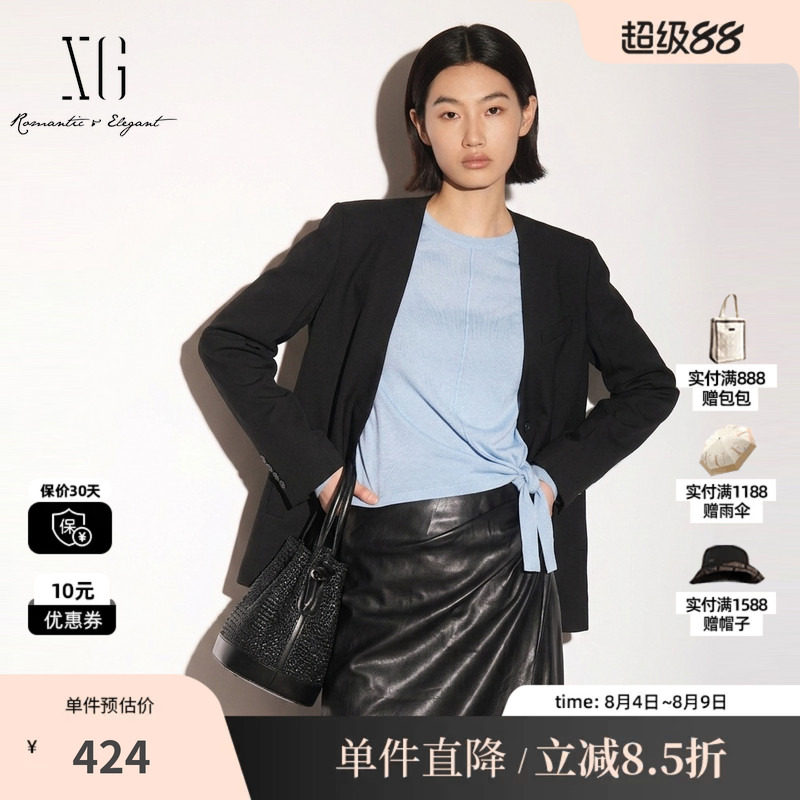 XG/雪歌XK307720A890黑色羊毛混纺V领长袖西装外套直筒通勤简约女