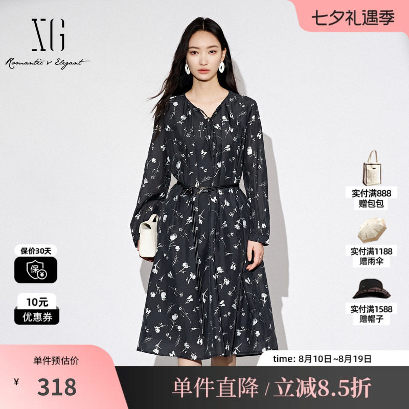XG雪歌XL304830A806满版印花长袖连衣裙2025秋季新款碎花中长裙女