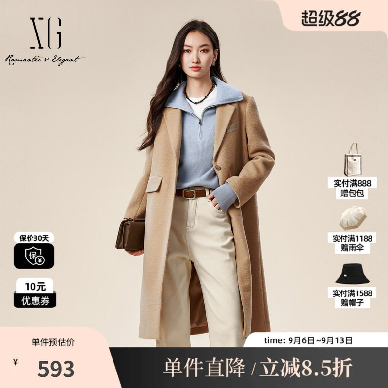 XG/雪歌XJ410058A273长袖毛呢外套时尚冬季新款长款绵羊毛大衣女