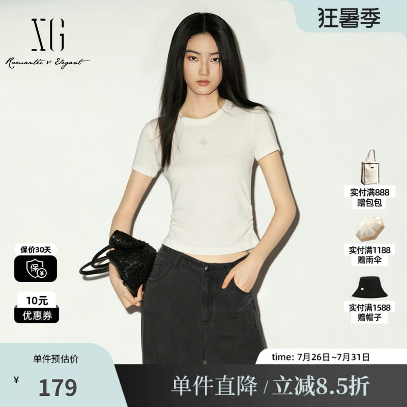 XG/雪歌XM201518A891白色莱赛尔短袖圆领T恤修身短款薄款通勤女装