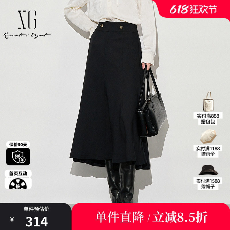XG/雪歌XJ303020A590中长款黑色半身裙时尚秋季新款高腰A字裙女装