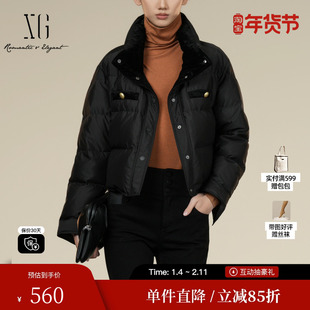 XG/雪歌XK406015A590黑色白鸭绒羽绒服2025冬季新款长袖外套女装