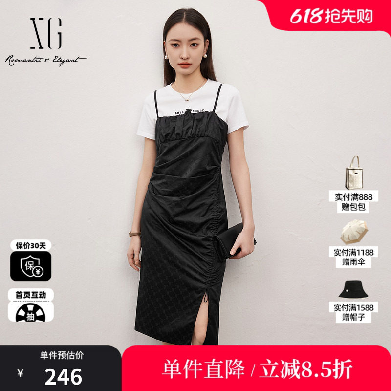 XG/雪歌XJ204054A390黑色两件套连衣裙时尚夏季新款开叉吊带裙女