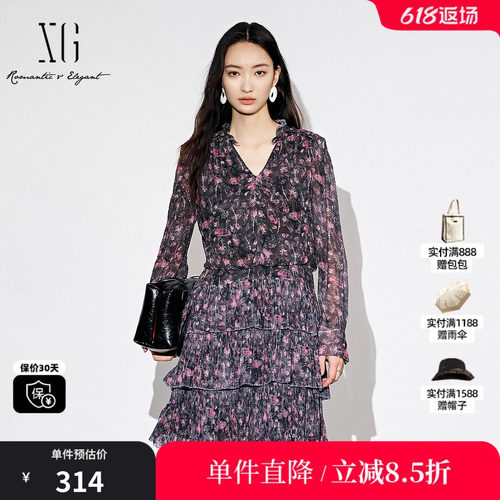 XG/雪歌XJ304003B696碎花长袖V领连衣裙时尚秋季新款短款蛋糕裙女