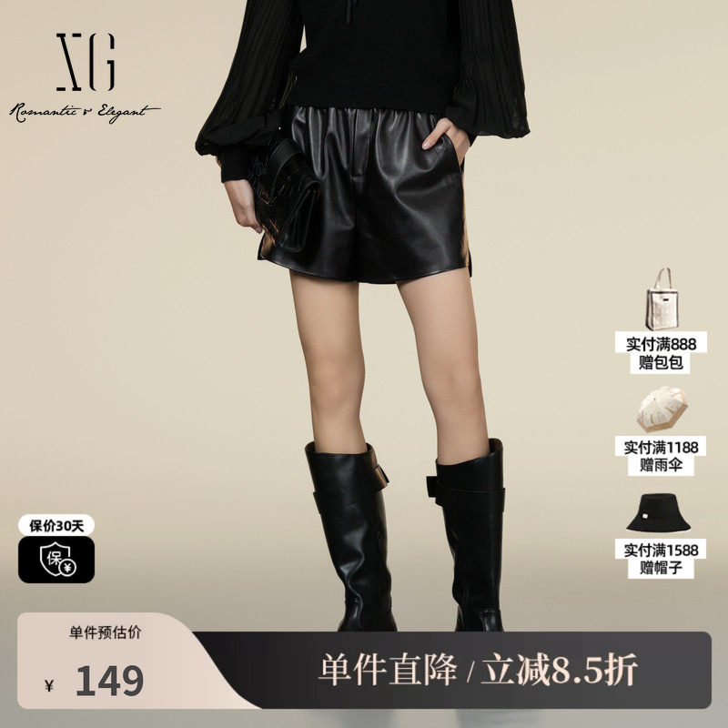 XG/雪歌XK302013A290黑色皮质休闲裤2025秋季新款收腰直筒短裤女