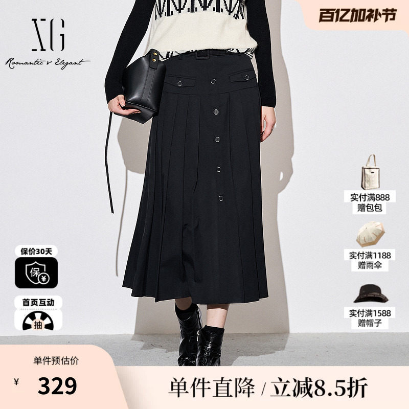 XG/雪歌XJ303007A590高腰黑色半身裙时尚秋季新款中长百褶A字裙女