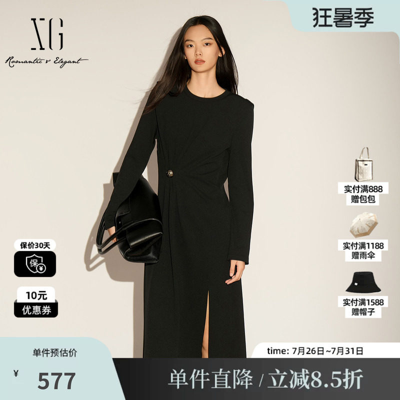 XG/雪歌XL104017A190黑色长袖连衣裙2026春季新款褶皱中长裙女装