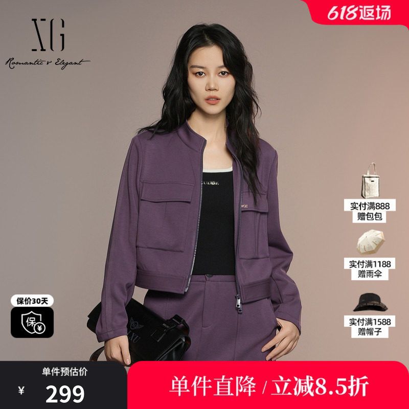 XG/雪歌XK307014A403深紫色短外套2025秋季新款大口袋圆领外套女