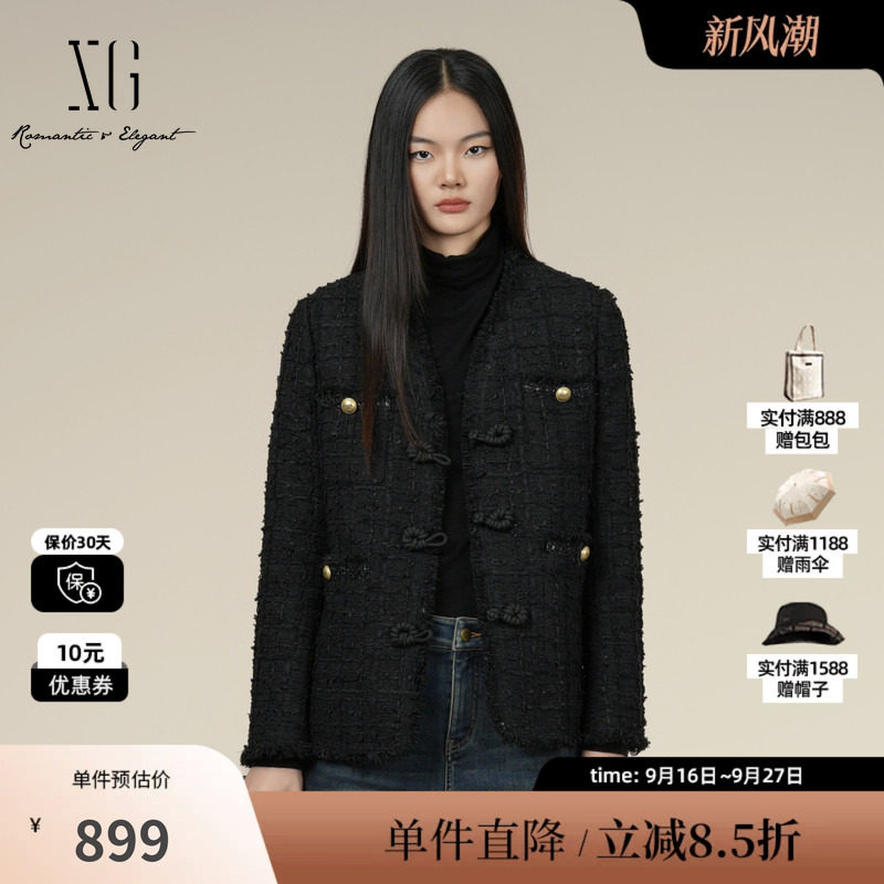 XG/雪歌XK407015A390毛边设计毛呢外套2025冬季新款小香风大衣女