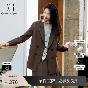 XG雪歌XK307018A572咖啡色休闲西装2025秋季新款中长款长袖外套女