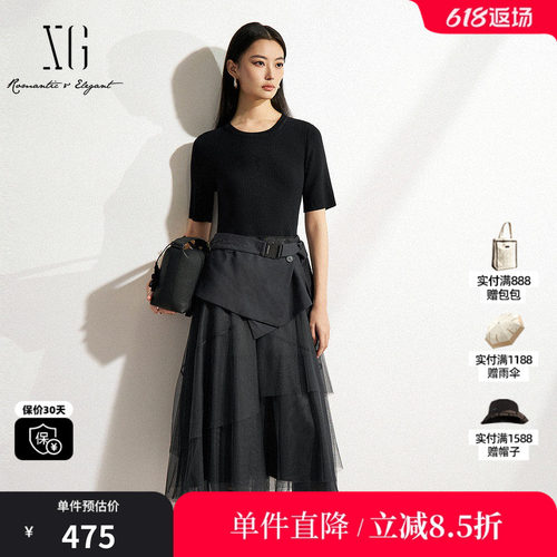 XG/雪歌XK104012B683假两件短袖连衣裙2025春季新款网纱中长裙女