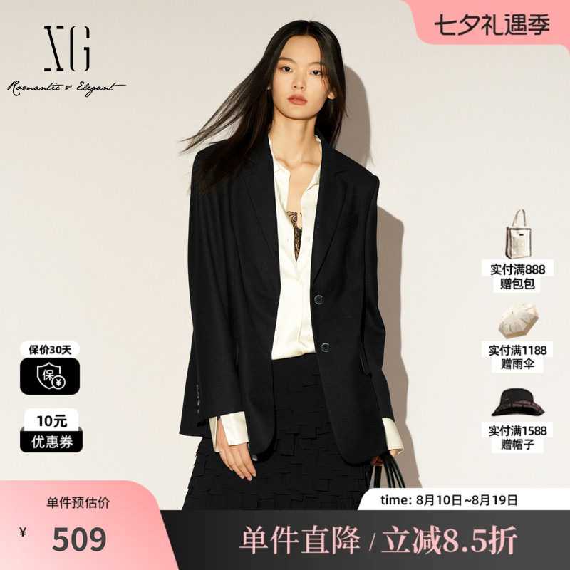 XG/雪歌XL107005A190 黑色通勤简约休闲西装翻领羊毛混纺外套女装