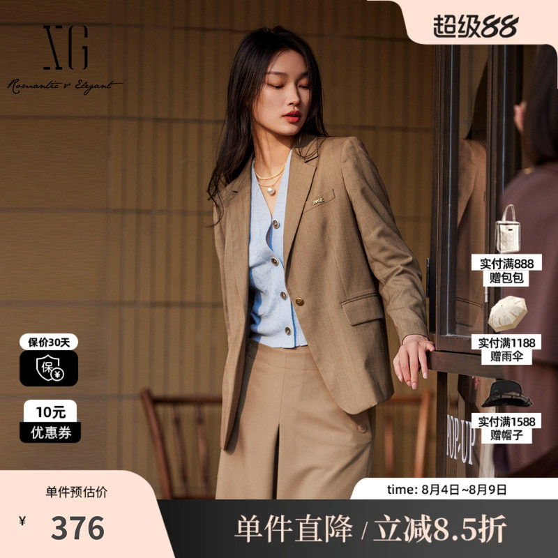 XG雪歌XK307001B195复古格纹休闲西装2025秋季新款修身长袖外套女