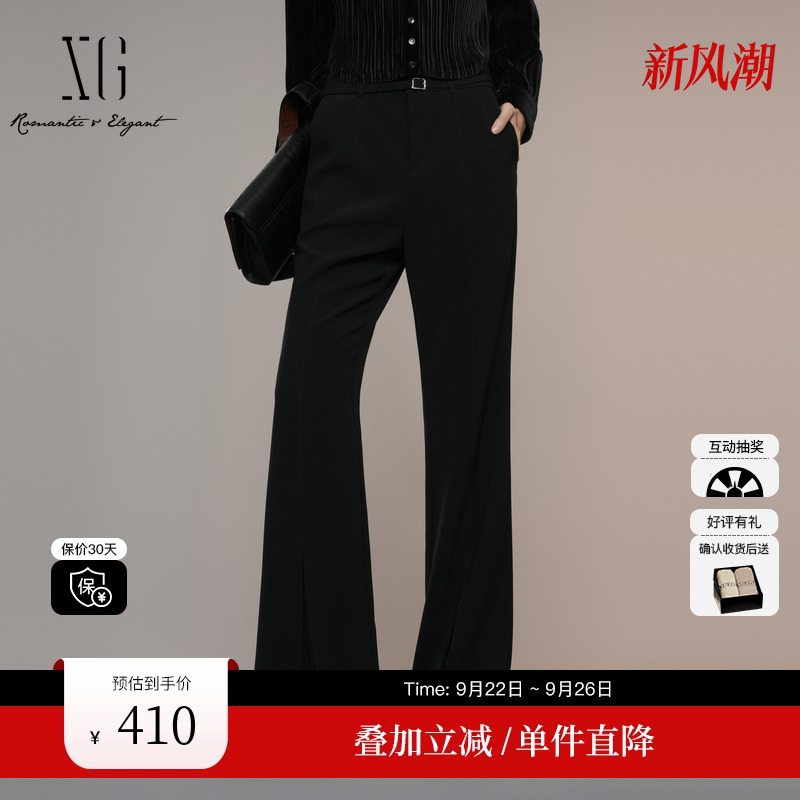 XG/雪歌XK302017A490黑色微弹休闲裤2025秋季新款修身微喇长裤女