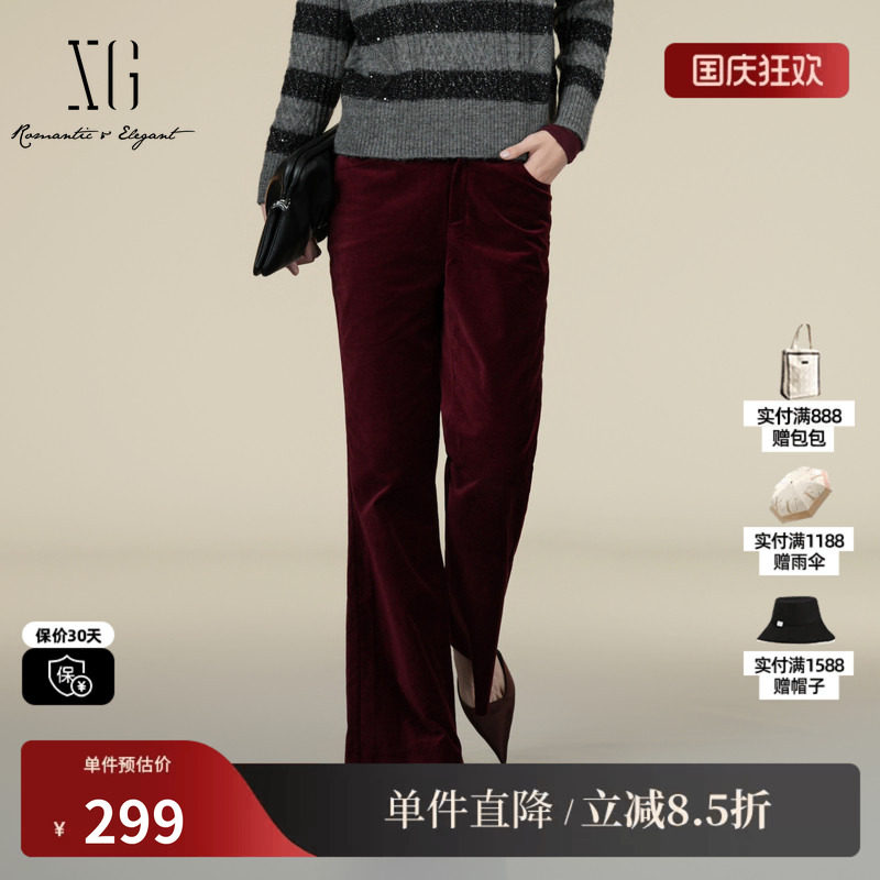 XG/雪歌XK402003A415酒红色休闲裤2025冬季新款设计感微喇长裤女
