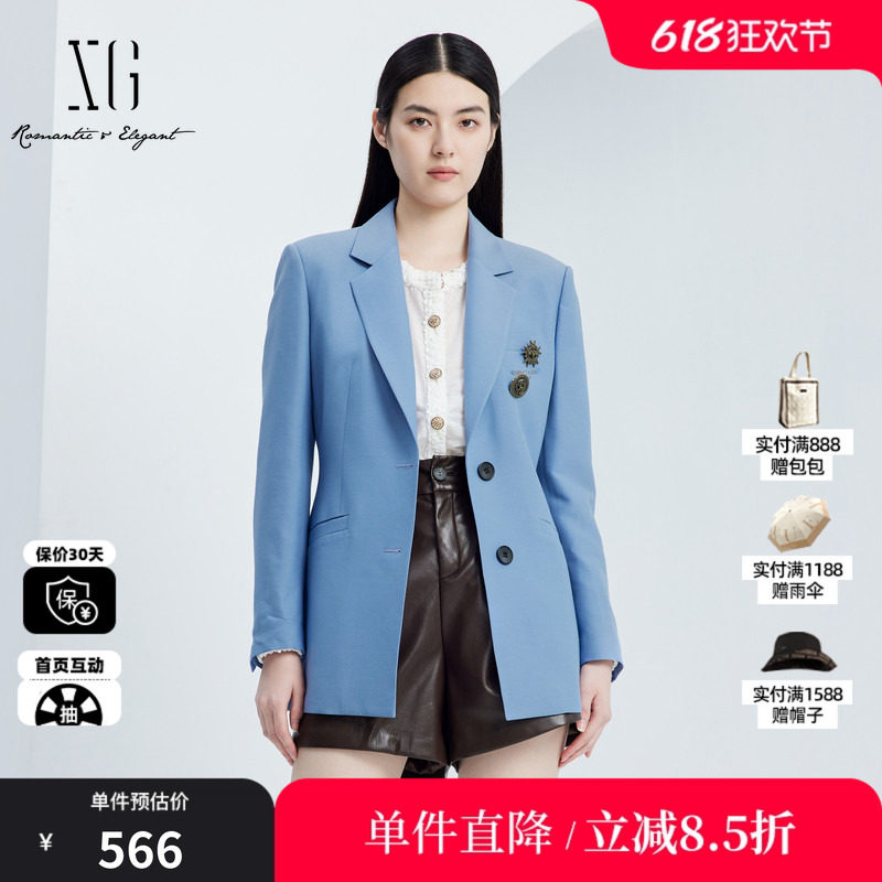 XG/雪歌XJ307010A319 蓝羊毛混纺长袖休闲西装两粒扣通勤外套女装