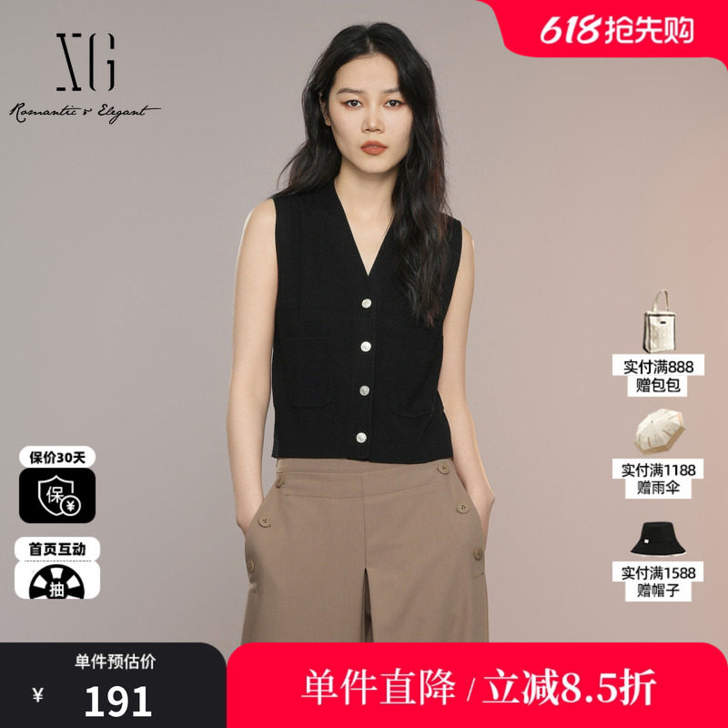 XG/雪歌XK311009A190黑色V领无袖针织马夹背心直筒修身内搭马甲女