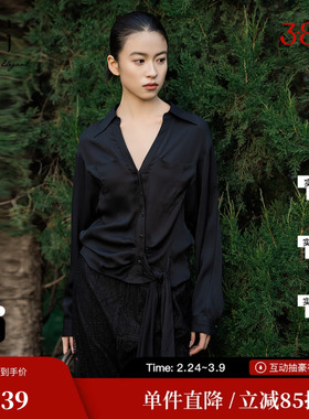 XG/雪歌XL121020A490醋酸翻领绑带衬衫黑色V领长袖收腰短上衣女装