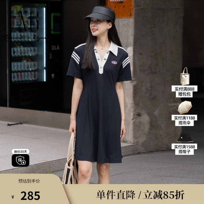 XG/雪歌XJ204074A928藏青色短袖连衣裙时尚夏季新款翻领短裙女装