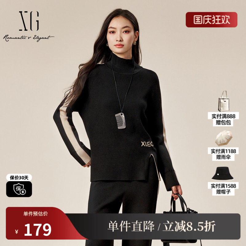 XG/雪歌XK411879A890 开叉设计长袖毛针织衫黑套头中领打底毛衫女