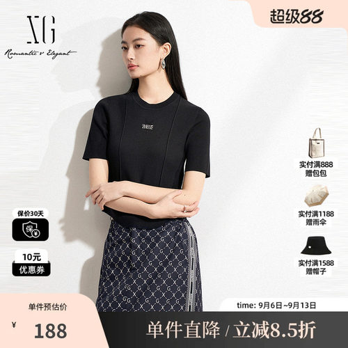 XG雪歌XK111015A690黑色长袖毛针织衫2025春季新款修身短款毛衫女