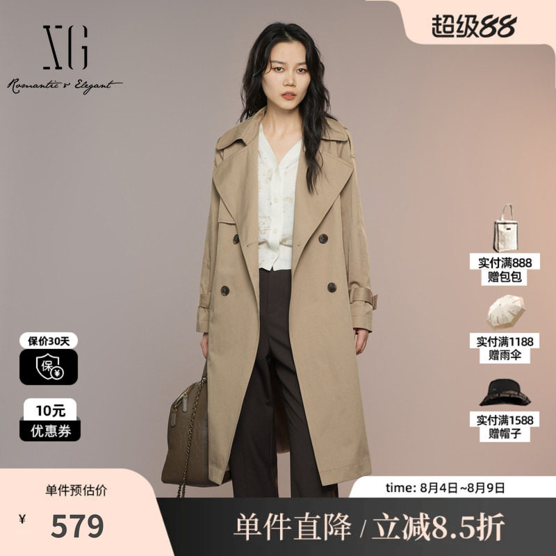 XG/雪歌XK308002A309中长款棉感风衣2025秋季新款咖色长袖外套女