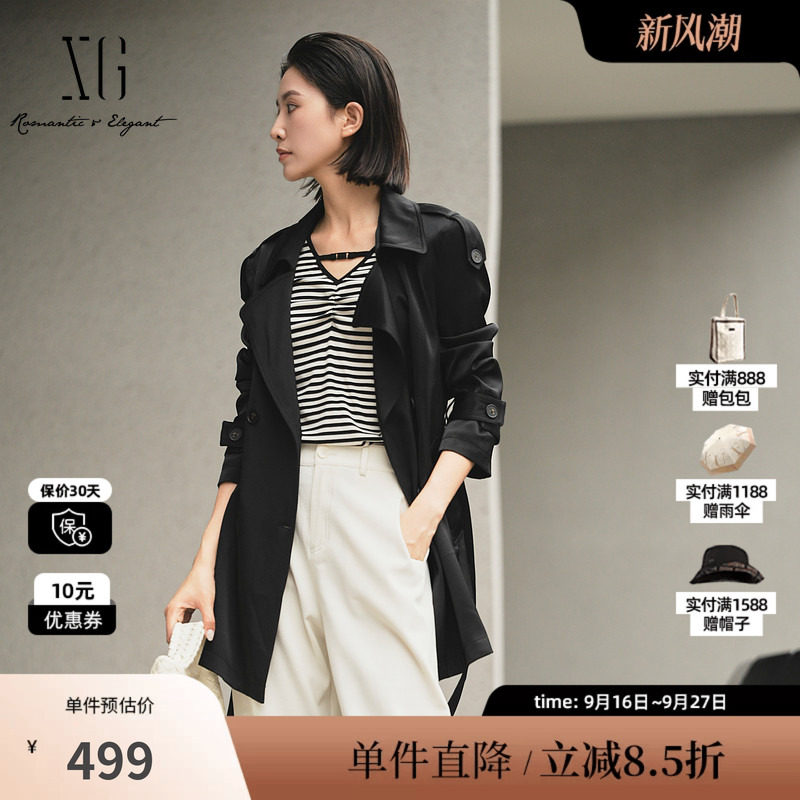 XG/雪歌XK308012A290黑色休闲风衣2025秋季新款中长款长袖外套女