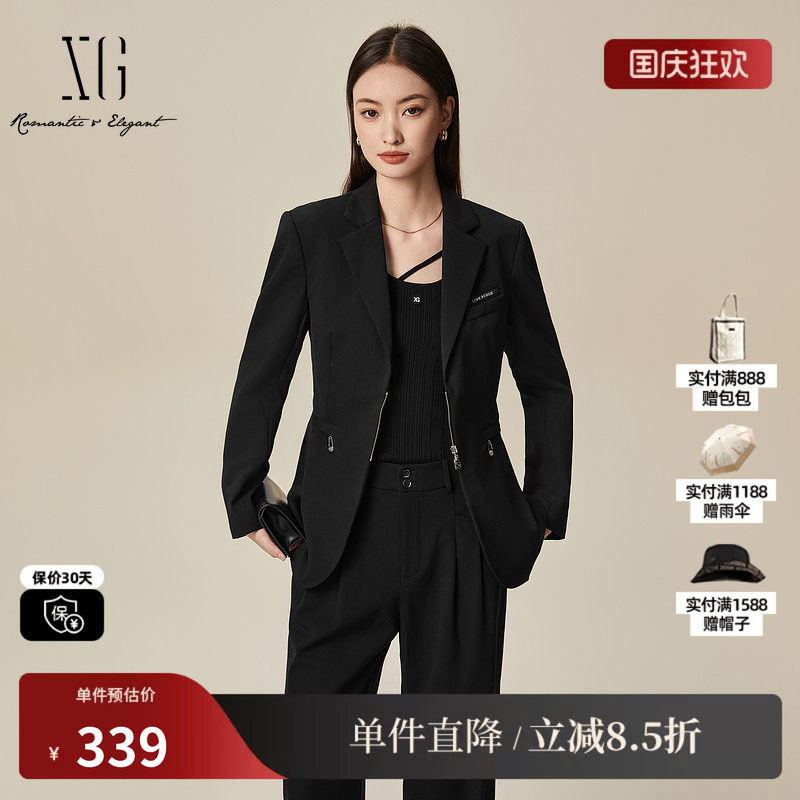 XG/雪歌XL107030A390黑色休闲西装2025秋季新款绵羊毛长袖外套女