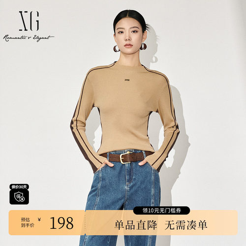 XG/雪歌XK411862B898拼色长袖毛针织衫时尚冬季新款绵羊毛毛衫女