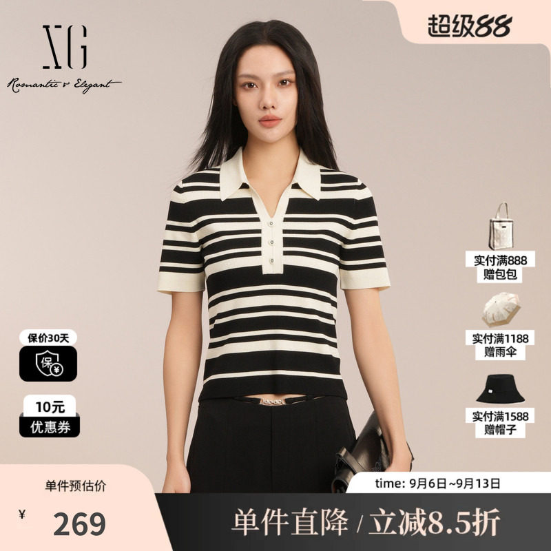 XG/雪歌XK211017B199 黑白条纹短袖毛针织衫polo领修身套头上衣女