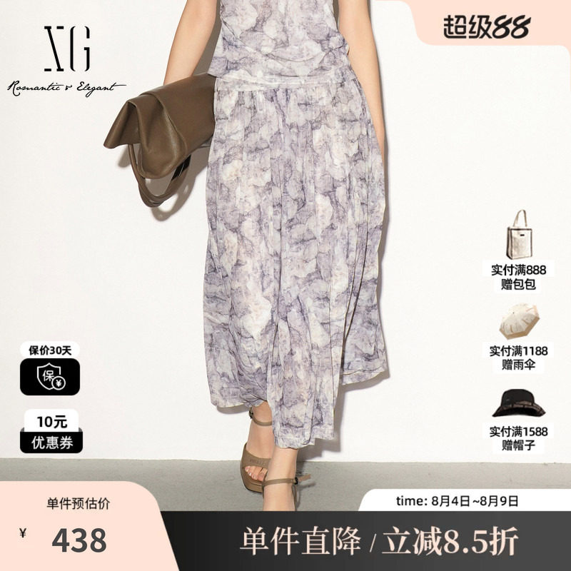 XG/雪歌XL203025BE96民俗花版A字半身裙松紧中腰薄款长款伞裙女装