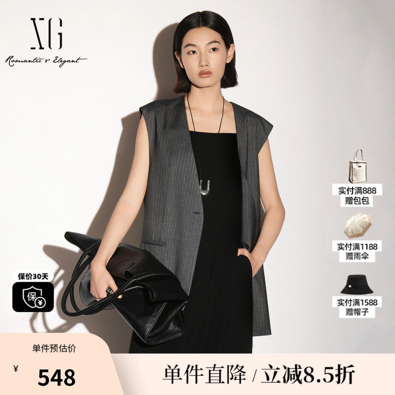 XG/雪歌 XL324003B199黑灰条纹无领西装马夹外套直筒中长马甲女装