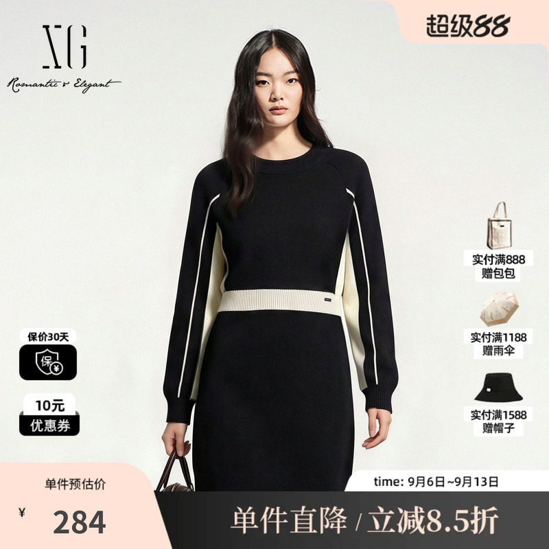 XG/雪歌 XJ411807A890黑色100%绵羊毛长袖撞色针织直筒连衣裙女装