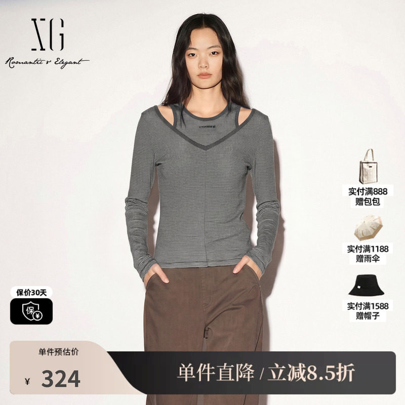 XG/雪歌XK301687B899灰色细条纹假两件长袖T恤修身镂空内搭上衣女