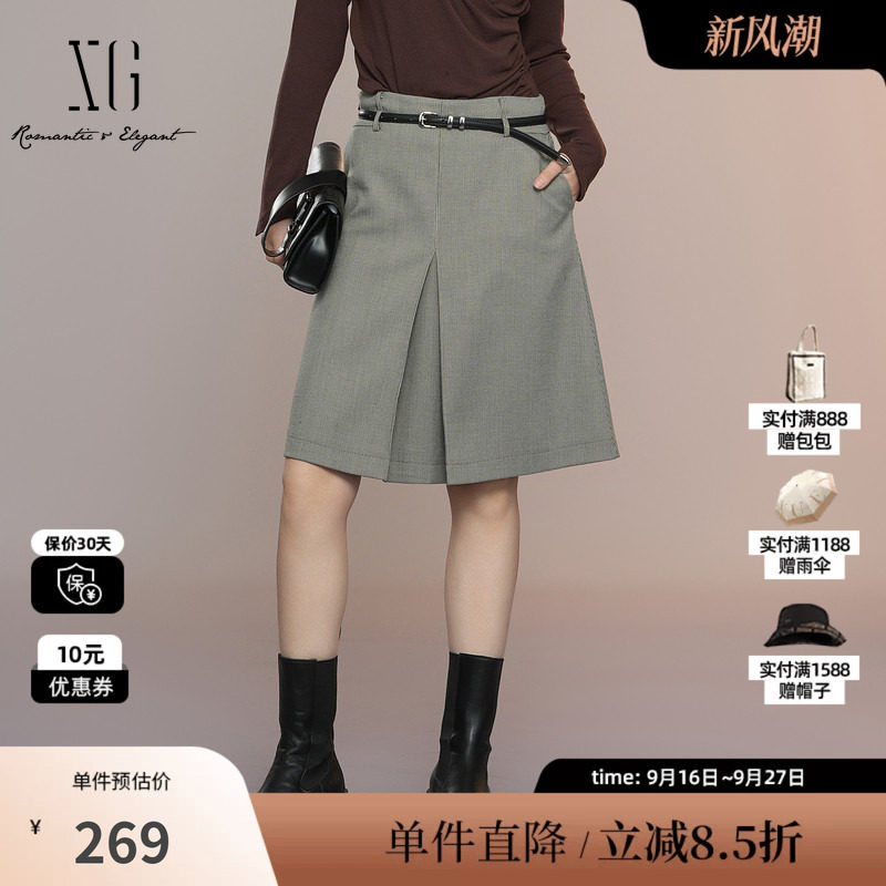 XG/雪歌XK303015B595格纹半身裙2025秋季新款中长款开叉包臀裙女