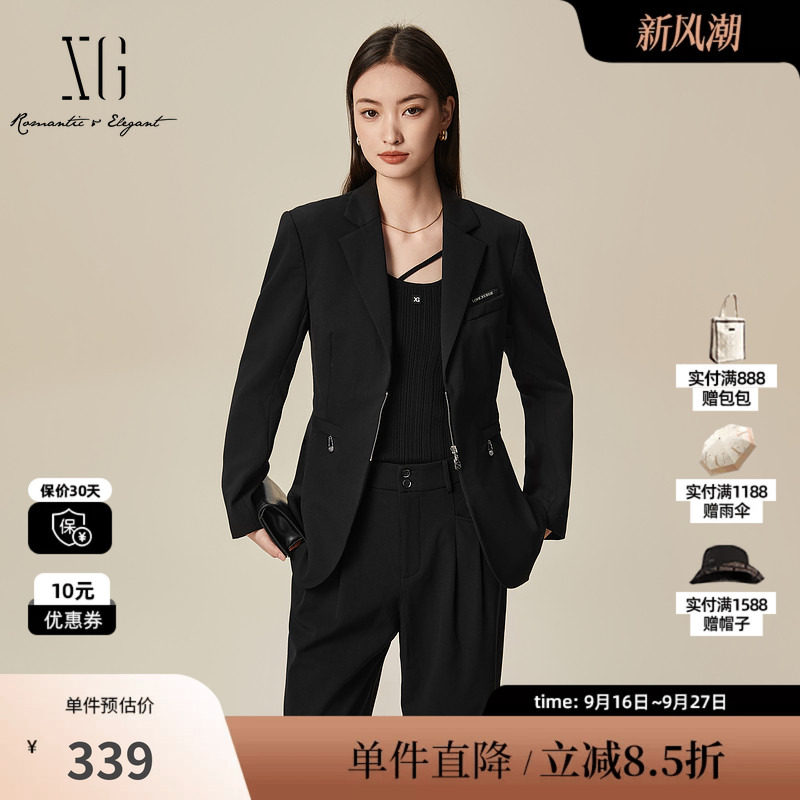 XG/雪歌XL107030A390黑色休闲西装2025秋季新款绵羊毛长袖外套女