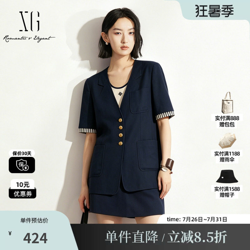 XG/雪歌XK307712A828藏青色条纹翻边短袖V领西装外套直筒休闲女装