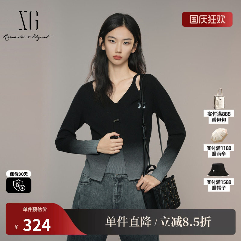 XG/雪歌XK311041B490 渐变假两件长袖毛针织衫感显瘦黑色毛衫女装