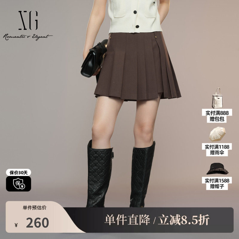 XG/雪歌XK303013A572深咖色半身裙2025秋季新款不规则百褶短裙女