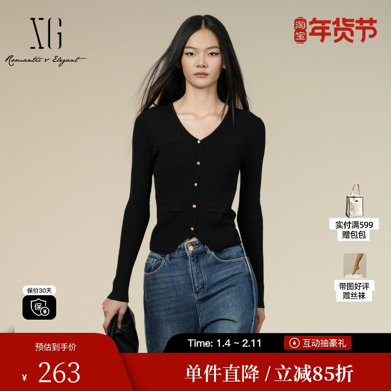 XG/雪歌XK411001A190黑色修身毛针织衫2025冬季新款绵羊毛开衫女