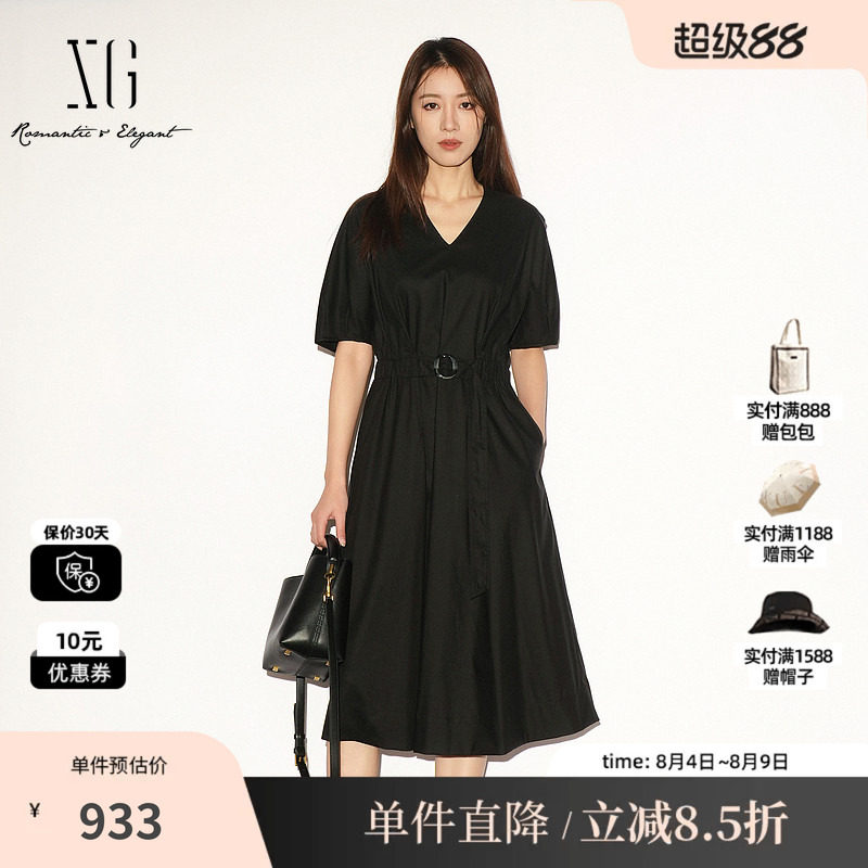 XG/雪歌 XL204048AE90黑色V领短袖连衣裙松紧收腰显瘦A字中伞裙女