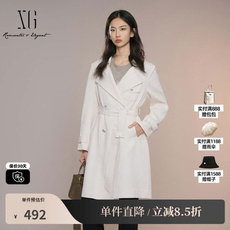 XG雪歌XK308013A491米白色中长款风衣2025秋季新款翻领长袖外套女
